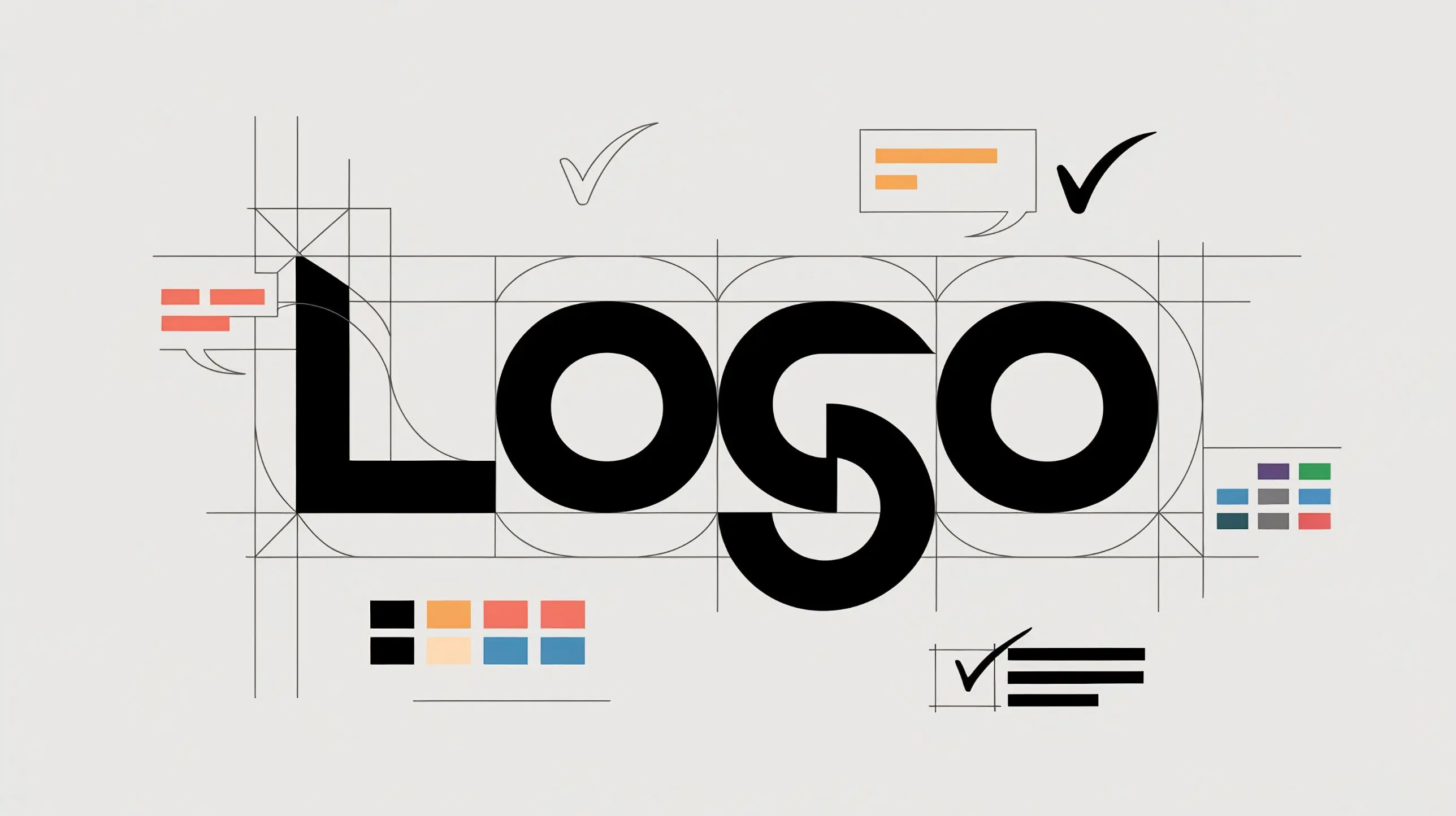 A wordmark drawn on a construction grid, with colour swatches, notes and approval ticks around it — the process of designing a logo