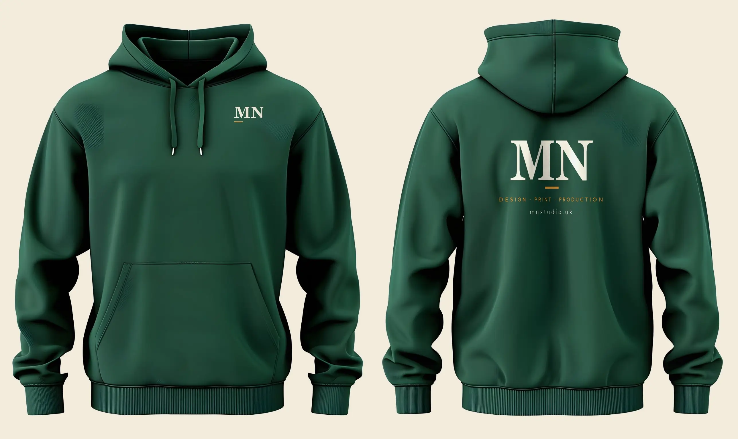 Front and back of a green hoodie printed with the MN Studio monogram on the chest, and the monogram with “Design · Print · Production, mnstudio.uk” across the back